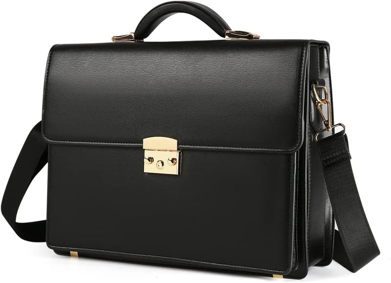 Ecentaur Briefcases for Men Business Mens Leather Briefcase Locking Black Laptop Messenger Bag Lawyer Hard Case - Image 1
